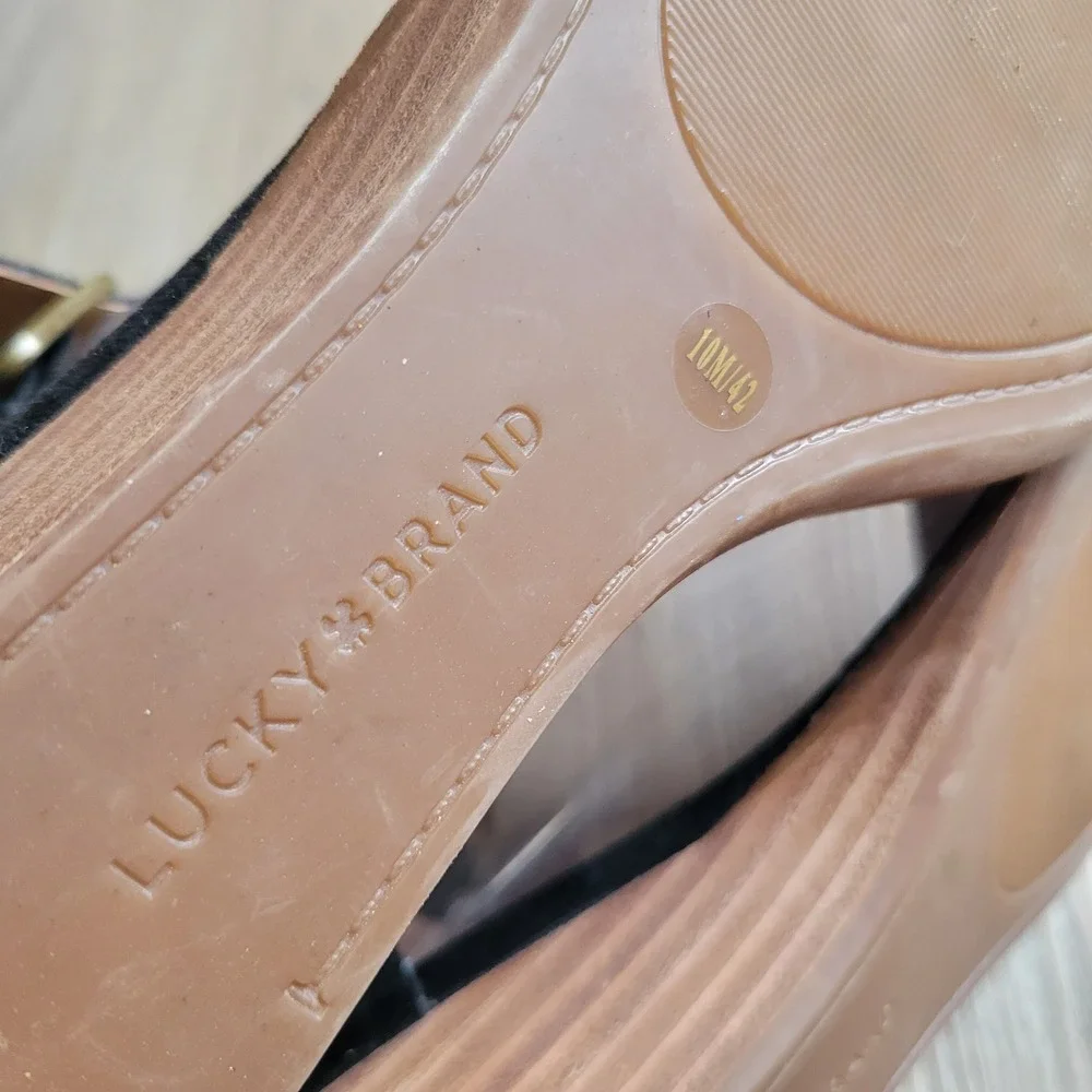 Lucky Brand Women Wedge Sandals 10 Black Suede Ankle Strap Boho Casual